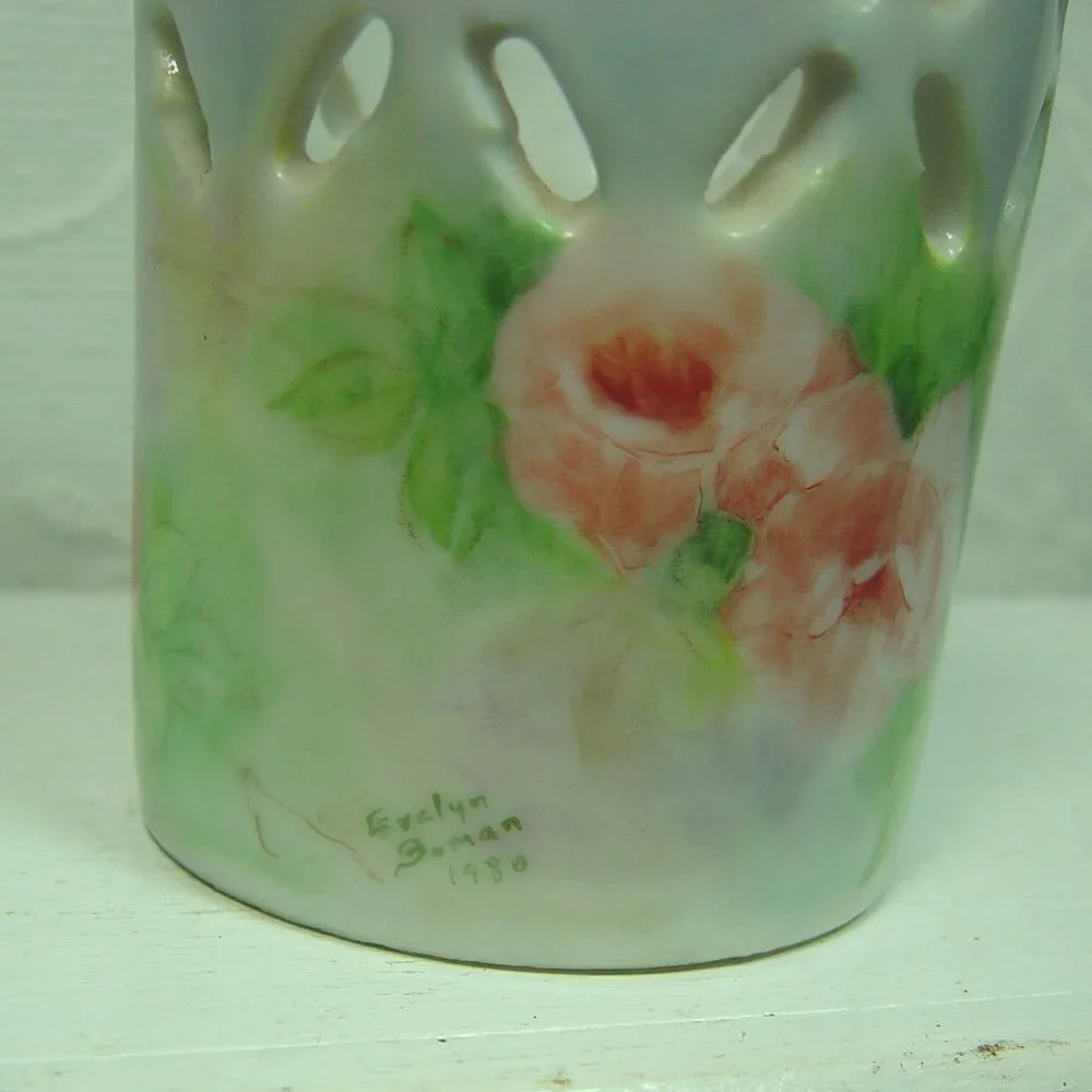 Vintage handpainted vase/catch-all container-pink roses-signed & dated--1980